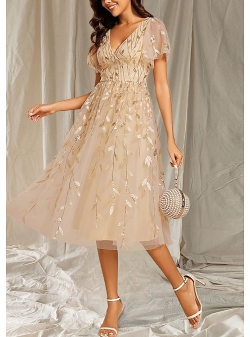 A-Line Mother of the Bride Dress Wedding Guest Elegant V Neck Tea Length Lace Short Sleeve with Lace Midi Dress A-Line Mother of the Bride Dress Wedding Guest Elegant V Neck Tea Length Lace Short Sleeve with Lace Midi Dress