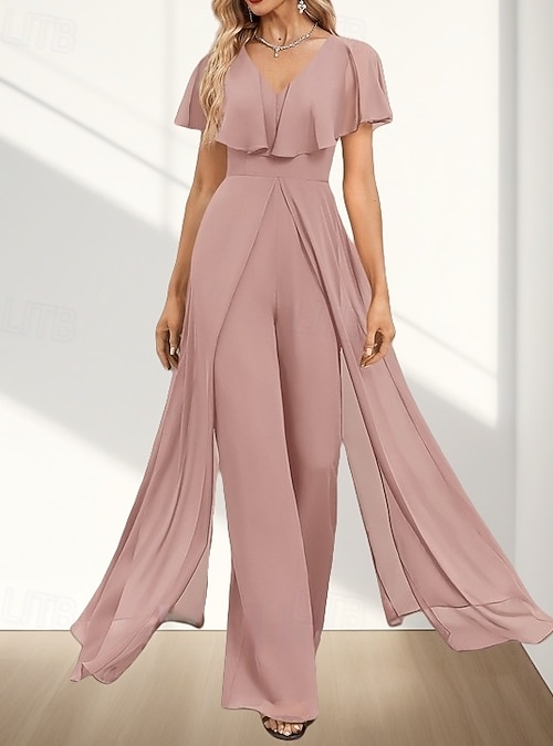 Jumpsuit / Pantsuit Mother of the Bride Dress Wedding Guest Elegant V Neck  Floor Length Chiffon Short Sleeve with Ruffles Side Draping 2026 - AU  $279.39