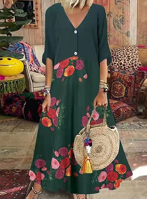 Women's Maxi Dress T Shirt Dress Tee Dress A Line Dress Fit And Flare Dress  Casual Daily Regular Fit Graphic Half Sleeve V Neck Black Blue Brown Green  Summer 2026 - $31.99
