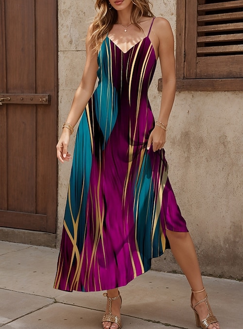 Women's Maxi Dress A Line Dress Summer Dress Slip Dress Vacation Casual  Beach Regular Fit Graphic Geometric Abstract Sleeveless V Neck Purple Summer  Spring 2026 - AU $57.79