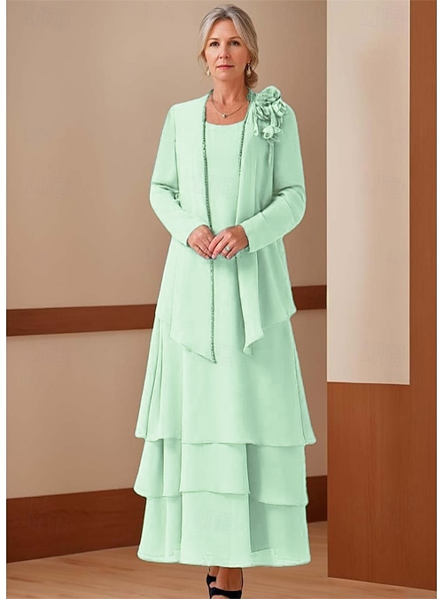 A-Line 3 Piece Mother of the Bride Dress Elegant Vintage Simple Jewel Neck  Floor Length Chiffon Sleeveless Long Sleeve Floral Jacket Dresses with  Cascading Ruffles 2026 - $203.99