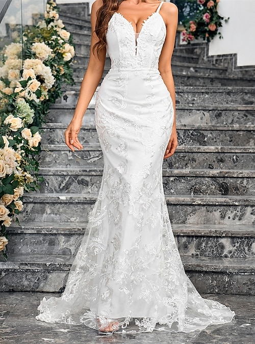 knee length dresses for ladies Mermaid V-Neck Chapel Train Lace Tulle Wedding Dress COCOMELODY CW3230, 45 Days / As Picture:Ivory/Nude / US16-UK18-EUR46 main image 1