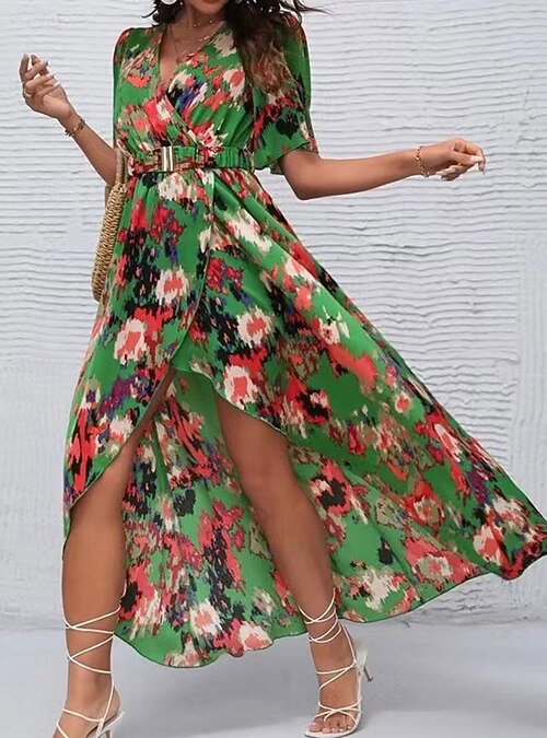 Women's Midi Dress Corset Dress A Line Dress Fit And Flare Dress Vacation  Flared Sleeve Vacation Daily Beach Regular Fit Graphic Short Sleeve V Neck  Blue Green Summer 2026 - $35.99