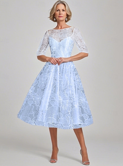 Sequin Embroidered A-Line Dress Mother of the Bride Dress Elegant Vintage  Illusion Neck Ankle Length Lace Half Sleeve 2026 - CAD $273.99