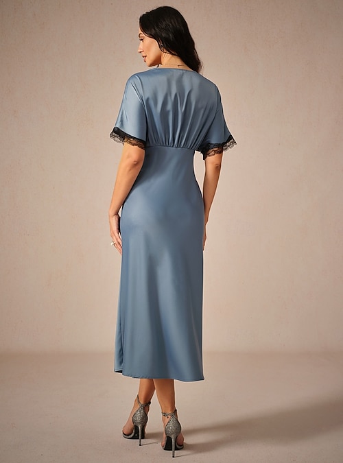 Women's Maxi Dress Sheath Dress Elegant Stylish Wedding Party Daily Loose  Fit Solid Color Short Sleeve V Neck Blue Summer 2026 - $51.99