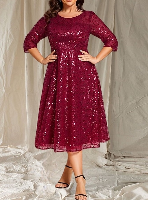 navy blue dress for baby girl A-Line Wedding Guest Dresses Elegant Dress Wedding Guest Tea Length 3/4  Length Sleeve Crew Neck Fall Wedding Guest Sequined with Glitter Sequin  2026