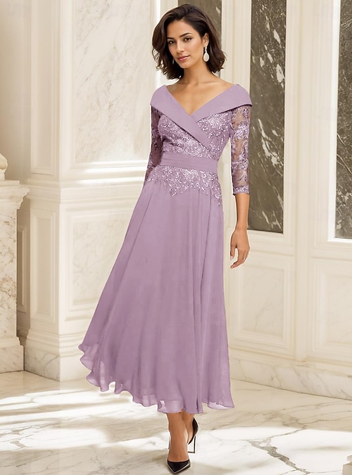 A-Line Mother of the Bride Dress Wedding Guest Elegant Sweetheart Ankle  Length Chiffon 3/4 Length Sleeve with Lace free custom size 2026 - CHF184