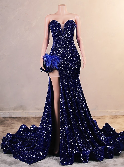 strapless open back dress Unique Black Cap sleeves Beaded Mermaid Court Train Prom Dresses – Dbrbridal main image 1