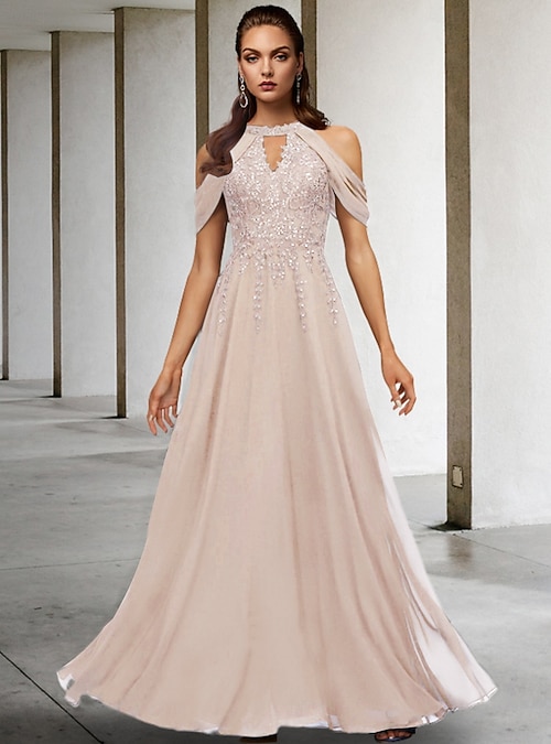 mother of the bride dresses halter neck Floral Evening Dress with Sparkle Beads Trendy Gray Dress with watermelon and blue decorations Sleeveless Shown Color Tea-Length Sleeveless Halter Mother of