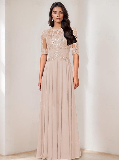 A-Line Dress Mother of the Bride Dress Elegant Party Jewel Neck Floor  Length Chiffon Half Sleeve with Lace Solid Color 2026 - $201.59
