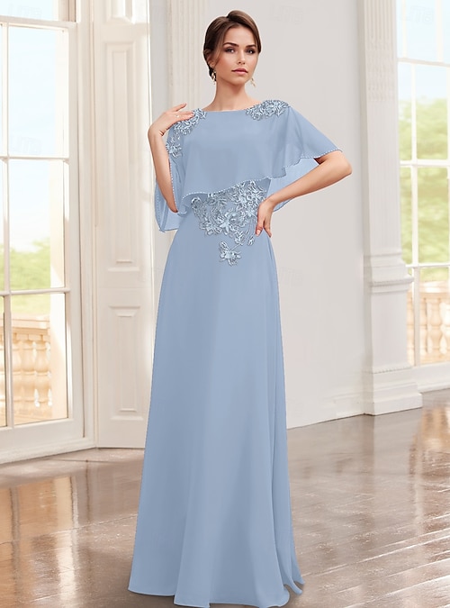 A-Line Dress Mother of the Bride Dress Elegant Jewel Neck Floor Length Chiffon Lace Half Sleeve with Appliques Solid Color 2026 - $181.99 A-Line Dress Mother of the Bride Dress Elegant Jewel Neck Floor Length Chiffon Lace Half Sleeve with Appliques Solid Color 2026 - $181.99