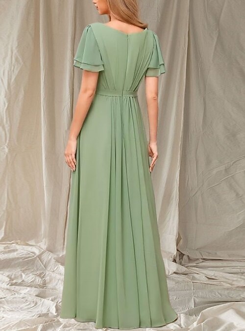 A-Line Bridesmaid Dress Crew Neck Short Sleeve Elegant Floor Length Chiffon  with Sash / Ribbon / Ruching 2022 2026 - SGD S$221