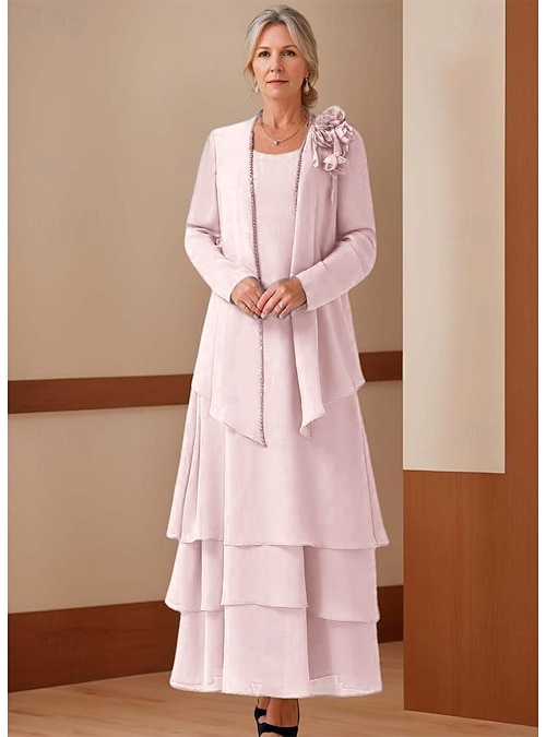 a line prom dress with pockets A Line Lace Top Chiffon Plus Size Mother of the Bride Dress with Jacket for Wedding US2 / Custom Color main image 1