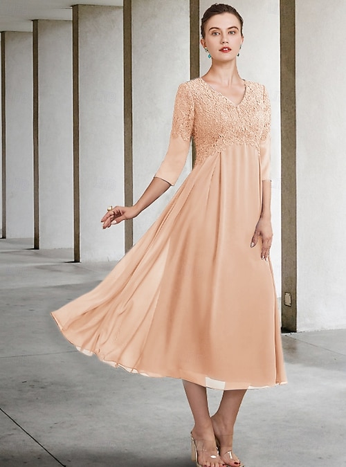 A-Line Mother of the Bride Dress Wedding Guest Elegant Plus Size V Neck Tea  Length Chiffon Lace 3/4 Length Sleeve with Ruffles Appliques 2025 free  custom size 2026 - CAD $276.99