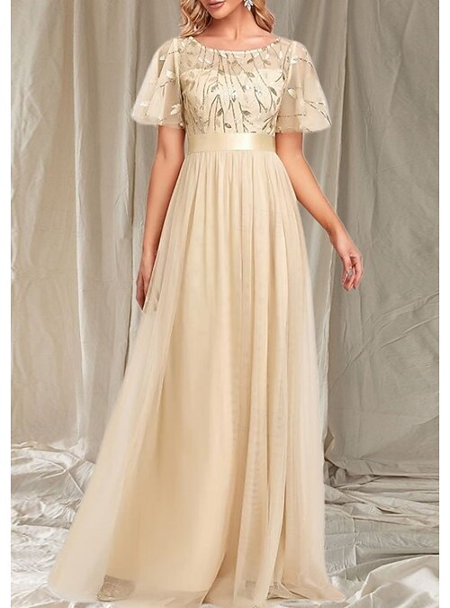 A-Line Wedding Guest Dresses Elegant Dress Wedding Guest Floor Length Short  Sleeve Crew Neck Fall Wedding Guest Lace with Glitter Sequin 2026 - 160.99