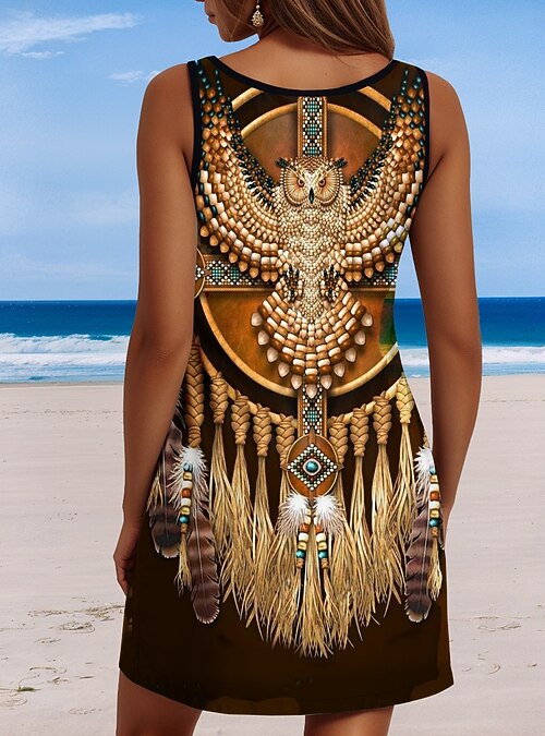 Women's Boho Dress Western Dress Vintage Mini Dress A Line Dress Off The  Shoulder Dress Vacation Party Casual Party Going out Standard Fit Graphic  Tribal Sleeveless U Neck dark brown Blue Green