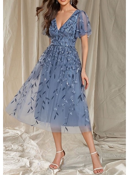 A-Line Mother of the Bride Dress Wedding Guest Elegant V Neck Tea Length  Lace Short Sleeve with Lace Midi Dress 2026 - SAR 633