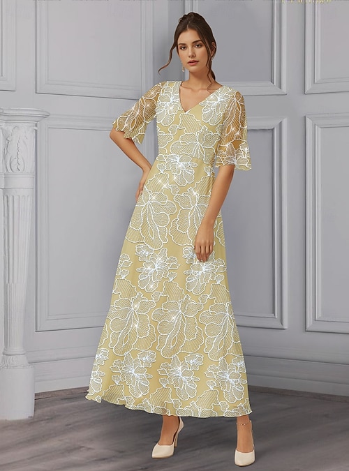 Beaded A-Line Mother of the Bride Dress Elegant Vintage V Neck Ankle Length  Tulle Short Sleeve with Embroidery Appliques Flower 2026 - JOD JD124.53