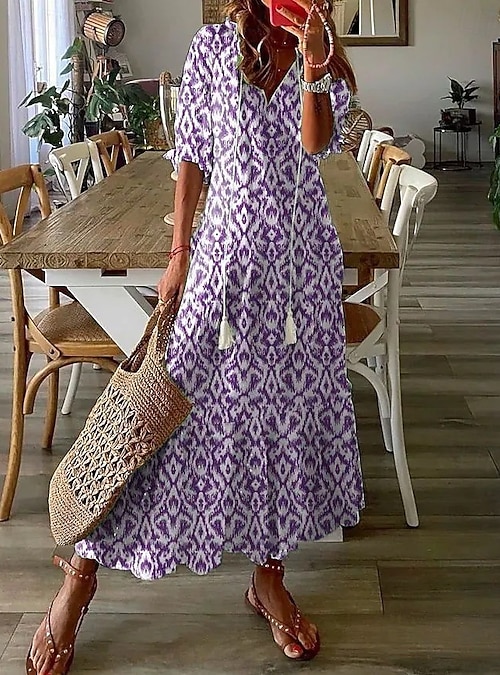 Women's Long Dress Maxi Dress Boho Dress Print Dress Peplum Dresses  Romantic Modern Puff Sleeve Daily Holiday Beach Loose Fit Graphic Flower  Half Sleeve V Neck Pink Blue Purple Green Summer Spring