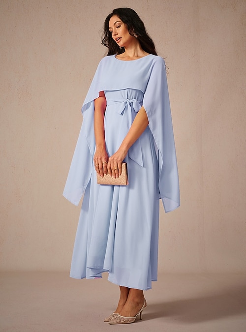 Women's Wedding Guest Cocktail Dress A Line Maxi Chiffon Belted Elegant  Formal Crew Neck Dress Light Purple Color 2026 - $89.99