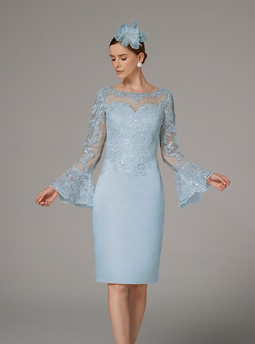 Sheath Dress Mother of the Bride Dress Elegant Vintage Luxurious Jewel Neck Knee Length Satin Lace Long Sleeve Tea Length with Appliques 2026 - $179.99 Sheath Dress Mother of the Bride Dress Elegant Vintage Luxurious Jewel Neck Knee Length Satin Lace Long Sleeve Tea Length with Appliques 2026 - $179.99