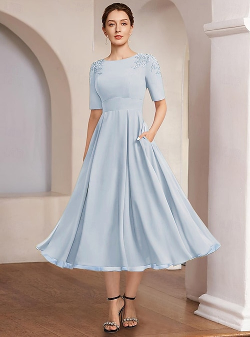 A-Line Tea Length Party Dress Cocktail Dress Wedding Guest Dress Mother of the Bride Dress Half Sleeve Bateau Neck Elegant Formal Wedding Party A-Line Tea Length Party Dress Cocktail Dress Wedding Guest Dress Mother of the Bride Dress Half Sleeve Bateau Neck Elegant Formal Wedding Party
