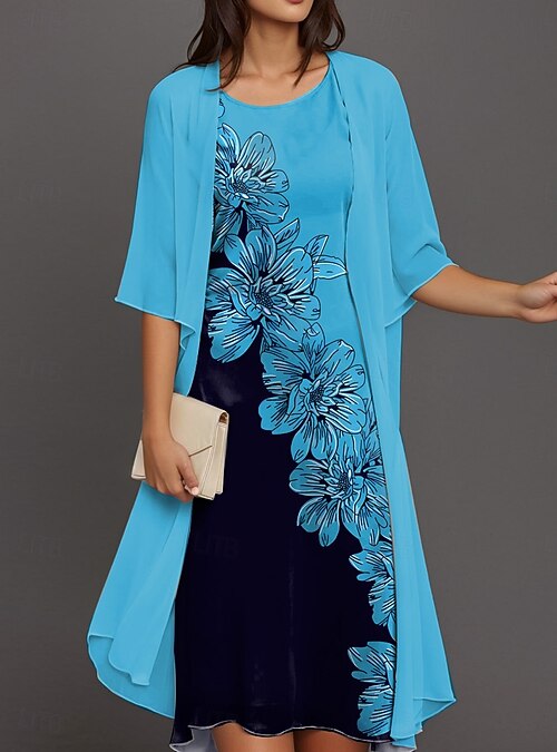 Women's Graduation Dress Midi Dress Dress Set Shift Dress Cocktail Semi  Formal Floral Print Half Sleeve Crew Neck Wedding Guest Daily Blue Fuchsia  Green Summer Spring Loose Fit 2026 - 46.99