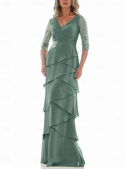 Sheath Column Dress Floor Length Wedding Guest Dress Formal Dresses Tiered  Dress Mother of the Bride Dress 3/4 Length Sleeve V Neck Elegant Formal  Chiffon with Tier Cascading Ruffles Solid Color 2026 - $196.99