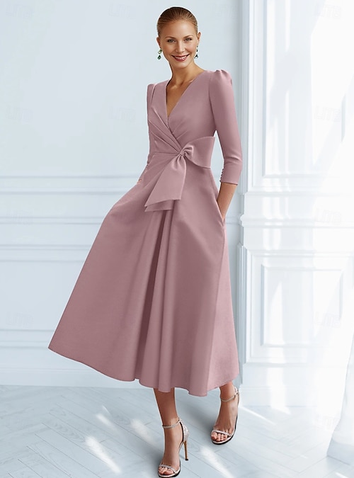 A-Line Ankle Length Cocktail Dresses Elegant Vintage 3 4 Length Sleeve V Neck Formal Pocket Satin with Bow(s) Ruched A-Line Ankle Length Cocktail Dresses Elegant Vintage 3 4 Length Sleeve V Neck Formal Pocket Satin with Bow(s) Ruched