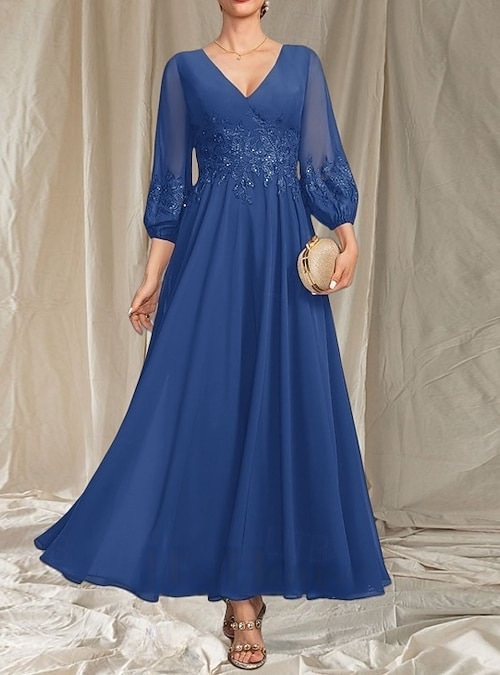 A-Line Mother of the Bride Dress Wedding Guest Elegant V Neck Tea Length  Chiffon Long Sleeve with Beading Appliques Midi Dress 2026 - kr.2019