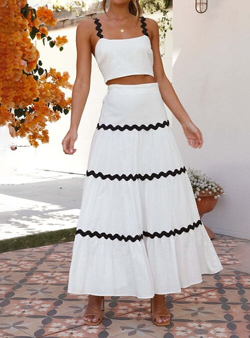 Women's Midi Dress White Dress Graduation Dress Two Piece Dress Fashion  Birthday Graduation Date Regular Fit Color Block Sleeveless Spaghetti Strap  Light Yellow White Summer 2026 - $32.99