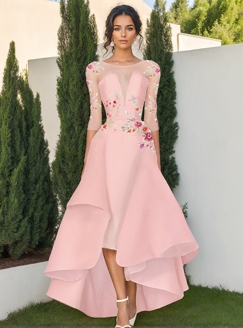 A-Line Tea Length Beaded Eembroidered Formal Dresses Mother of the Bride  Dress Cocktail Dresses Party Dresses Elegant Vintage Celebrity Style 3/4  Length Sleeve Crew Neck Wedding Formal Pink Dress 2026 - $178.99