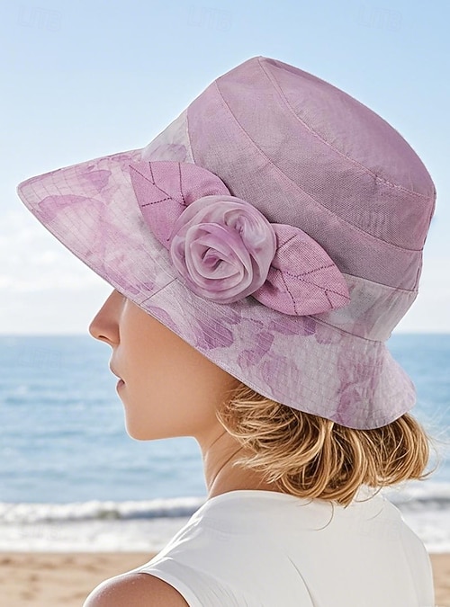 Women’s Pink Floral Decorative Sun Hat Floral Print Cotton Linen Bucket Hat: Women main image 4