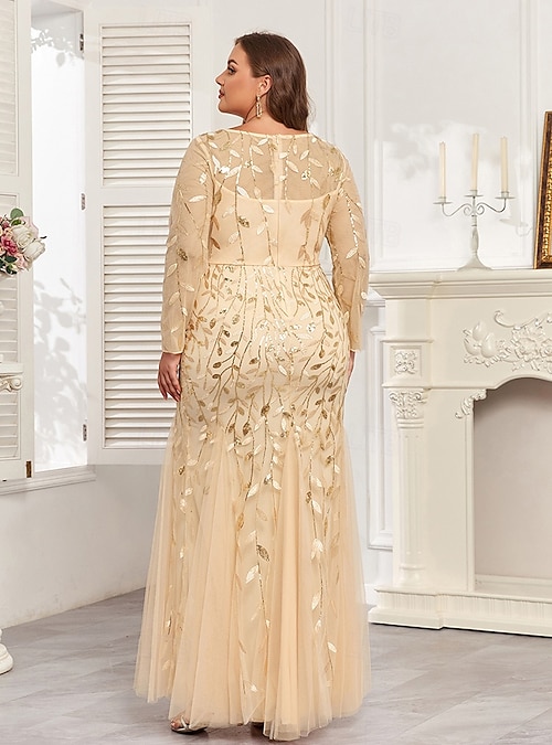 Mermaid Trumpet Floor Length Evening Gown Sparkle Plus Size Mother Of The  Bride Long Sleeve Crew Neck Formal Champagne Mother Of the Bride Dress  Tulle with Embroidery 2026 - CHF73