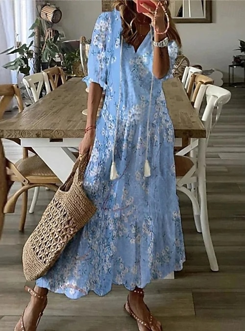 Women's Long Dress Maxi Dress Boho Dress Print Dress Peplum Dresses  Romantic Classic Elegant Dress Puff Sleeve Vacation Going out Spring Dress  Loose Fit Graphic Flower Half Sleeve V Neck White Pink