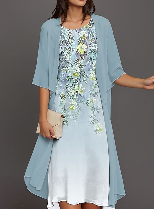 Women's Graduation Dress Midi Dress Dress Set Chiffon Dress Shift Dress  Elegant Daily Loose Fit Paisley Half Sleeve Crew Neck Blue Purple Green  Summer Spring Fall 2026 - 46.99