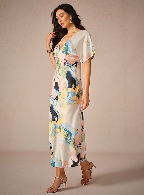 tie dye maxi dress short sleeve Women's Wedding Guest Dress Elegant Tie Dye Maxi Dress Short Sleeve V Neck  Print Loose Fit Daily White Blue Purple Summer Dress 2026