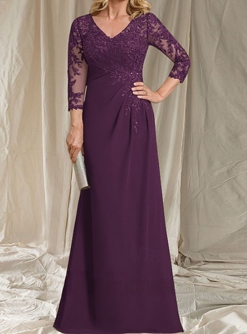 A-Line Mother of the Bride Dress Wedding Guest Elegant V Neck Floor Length  Chiffon 3/4 Length Sleeve with Beading Appliques 2026 - $197.99