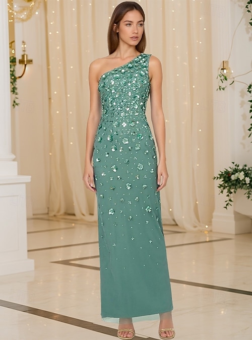 Sheath / Column Beaded Gown Celebrity Style Dress Formal Wedding Guest  Floor Length Sleeveless One Shoulder Chiffon with Flowers Beading Sequin  Slit 2026 - JOD JD146.51