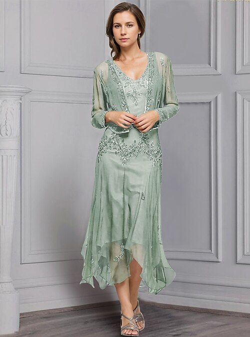 Abito Donna Scollo A V Per Madre Sposa - Chiffon, Pizzo, Applique, Abito Formale Lungo - Foto 12