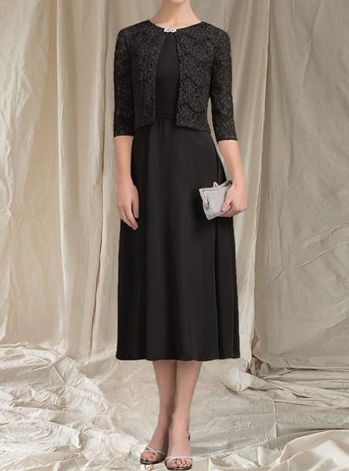 Two Piece A-Line Mother of the Bride Dress Wedding Guest Elegant Crew Neck  Tea Length Chiffon Lace 3/4 Length Sleeve with Lace Ruched Midi Dress 2026  - 138.99
