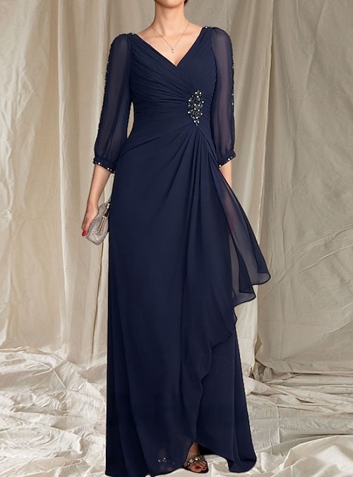 A-Line Floor Length Wedding Guest Dress Formal Dresses Evening Gown Mother  of the Bride Dress 3/4 Length Sleeve V Neck Elegant Wedding Guest Engagement  Party Chiffon with Beading Ruching 2026 - GBP 188