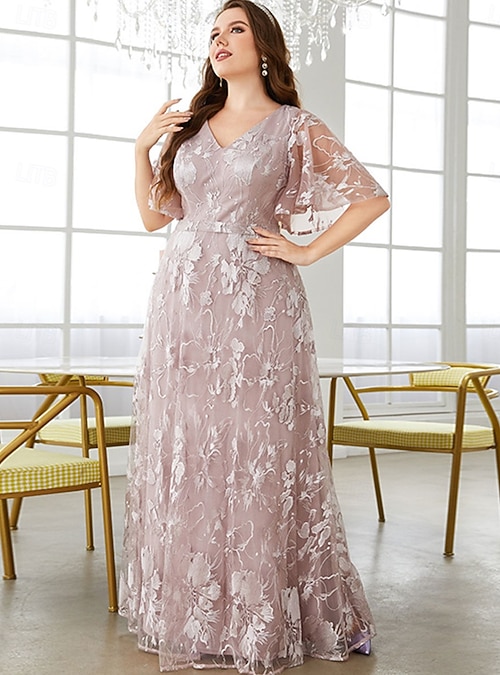 Plus Size Dress Mother of the Bride Curve Dress Elegant V Neck Floor Length  Lace Short Sleeve with Lace 2026 - AU $142.99
