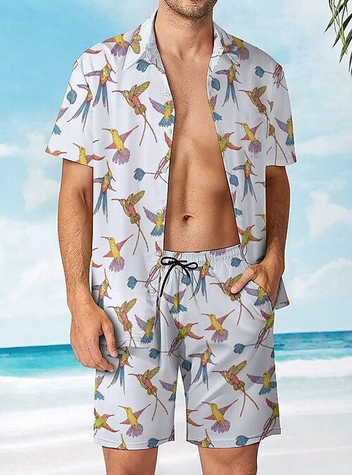 Chemise Hawaïenne Homme Manches Courtes - Motif Perroquet, Polyester Léger, Col écarté, Style Plage Rétro - 13