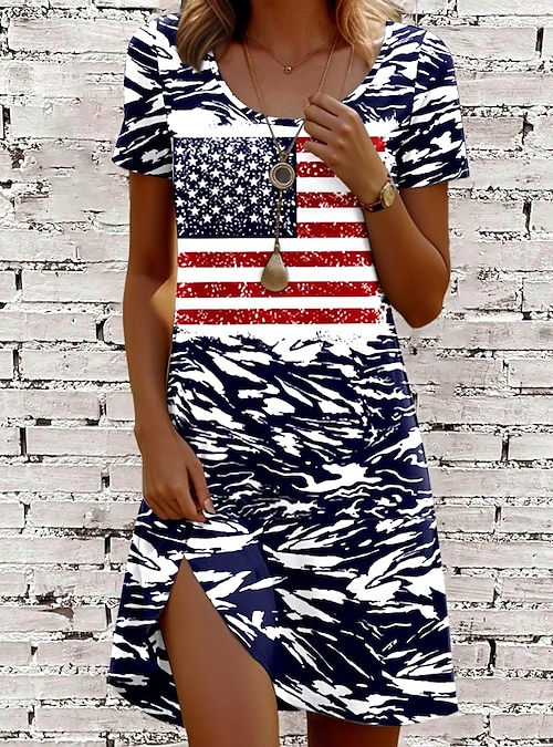 Women's Patriotic Dress Mini Dress Casual Dress T Shirt Dress A Line Dress  Stylish Casual Regular Fit Graphic Flag Red White And Blue Short Sleeve  Crew Neck Navy Blue 2026 - CAD $34.99