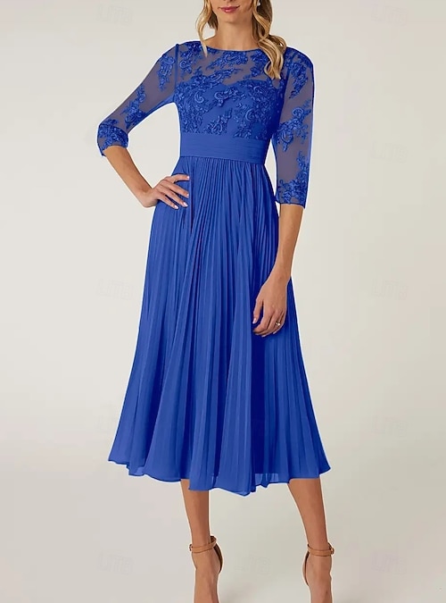 dusty blue mother of the bride dresses tea length Zapaka Women Dusty Blue Lace A-Line Mother of the Bride Dress Half Sleeves Tea Length Wedding Guest Bride Dress, Grey Blue / US6 main image 0