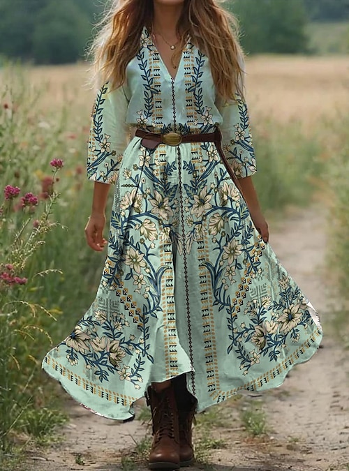 Women's Maxi Dress Boho Dress Western Dress Vintage Sundress Pleated Dress  Vacation Casual Going out Beach Standard Fit Graphic Paisley 3/4 Length  Sleeve V Neck White Blue Orange Green 2026 - 35.99