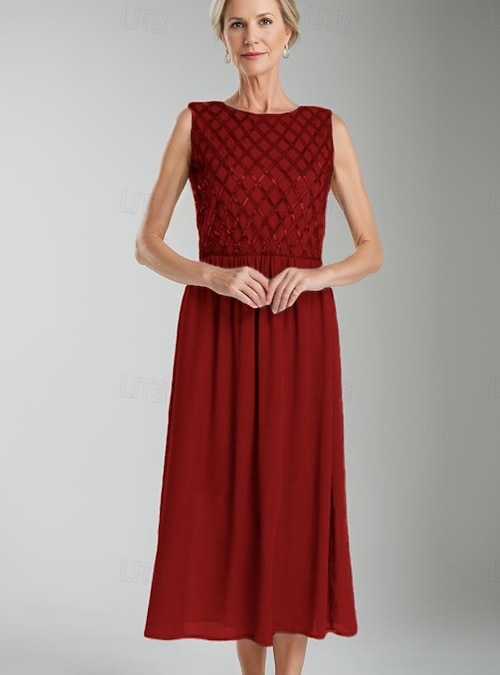 A-Line Tea Length Party Dress Cocktail Dress Wedding Guest Dress Mother of  the Bride Dress Sleeveless Crew Neck Elegant Simple Minimalist Formal  Wedding Guest Chiffon with Sequin 2026