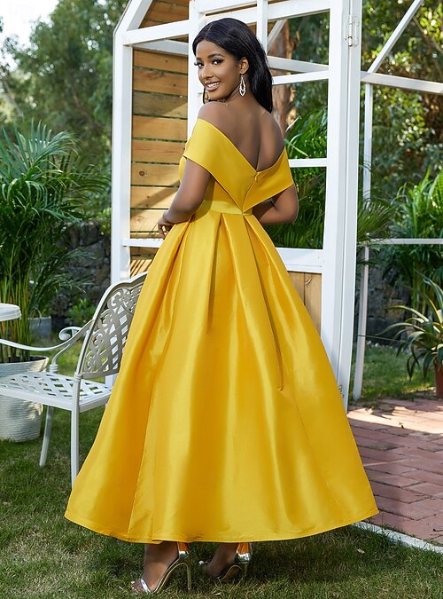 A-Line Mustard Cocktail Dresses Elegant Dress Semi FormalDress Wedding  Guest Floor Length Sleeveless Off Shoulder Satin with Bow(s) Pleats 2026 -  $161.99