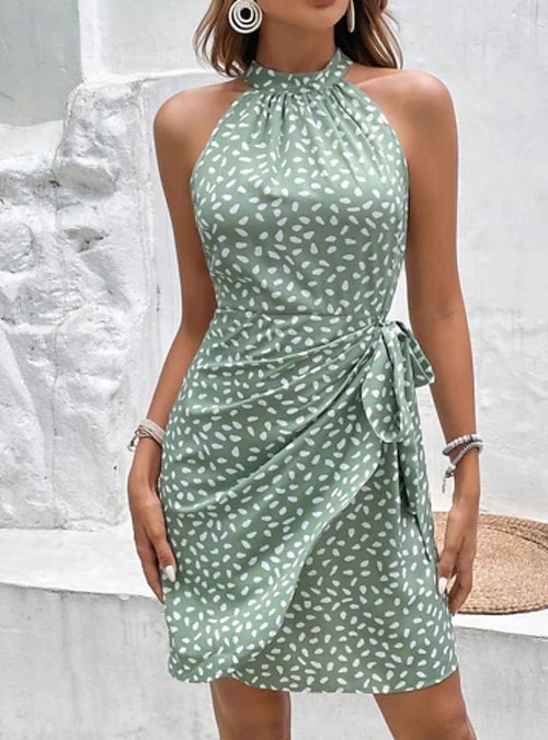 blue long sleeve sequin mini dress Solid color casual halter neck sleeveless waist dress main image 1